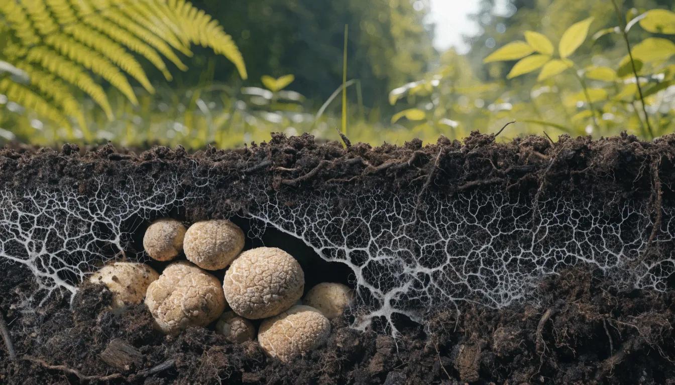Cross-section of a forest floor showing pale magic truffle sclerotia clustered in the root zone beneath a web of white mycelium