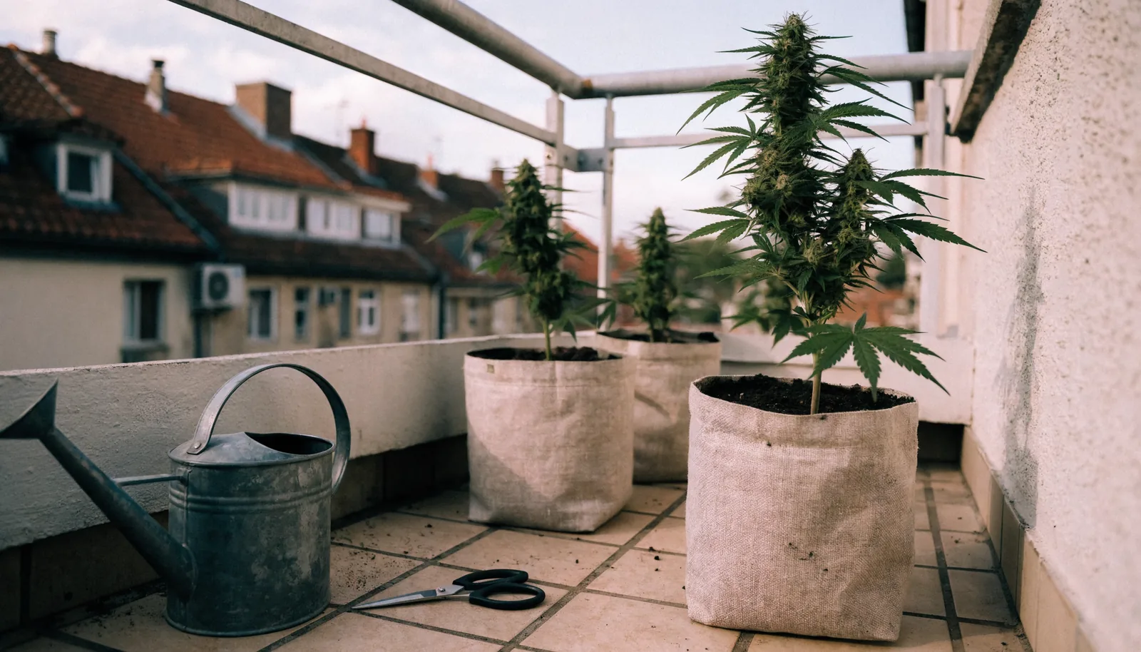 Tre piante di cannabis compatte in vasi in tessuto su un balcone di appartamento europeo