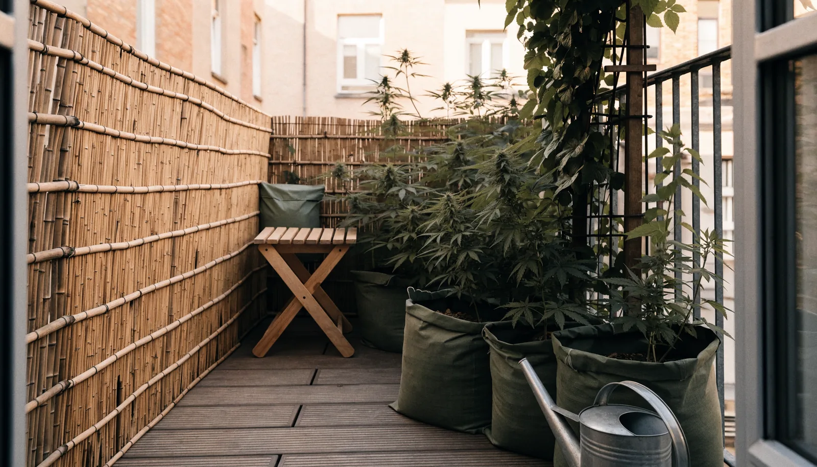 Schermatura di privacy in bambù che nasconde piante di cannabis in vasi di tessuto su un balcone stretto