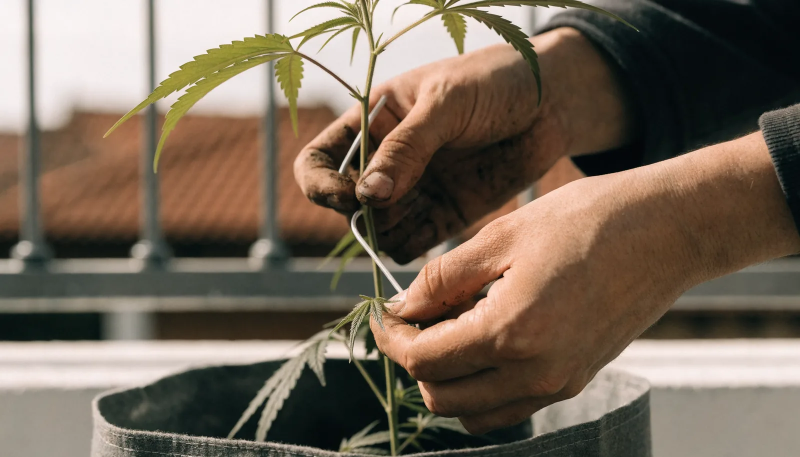 Mani che legano un ramo di cannabis con filo per piante applicando la low-stress training su un balcone