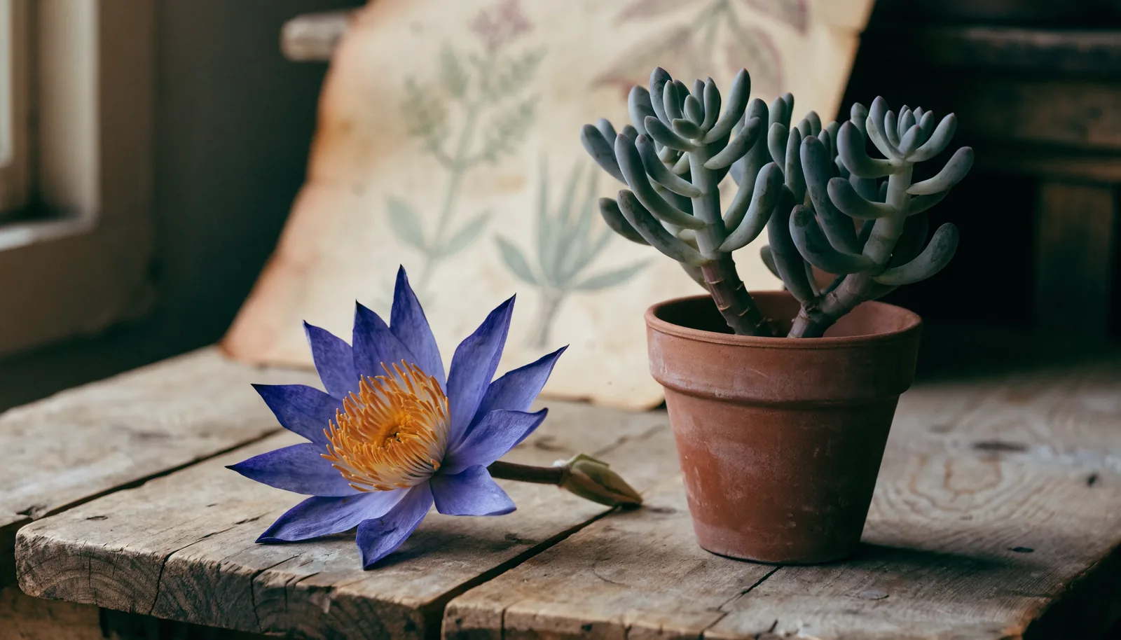 Fiore essiccato di blue lotus (Nymphaea caerulea) accanto a una pianta viva di kanna (Sceletium tortuosum)