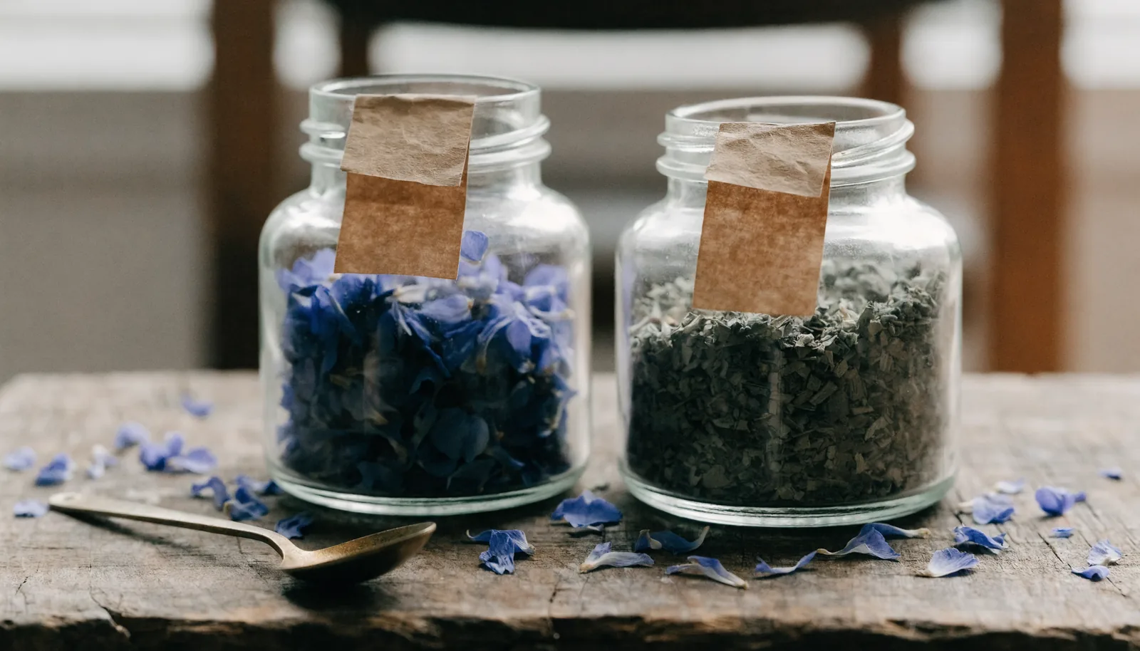 Barattoli di vetro con petali essiccati di blue lotus e materiale vegetale di kanna tritato