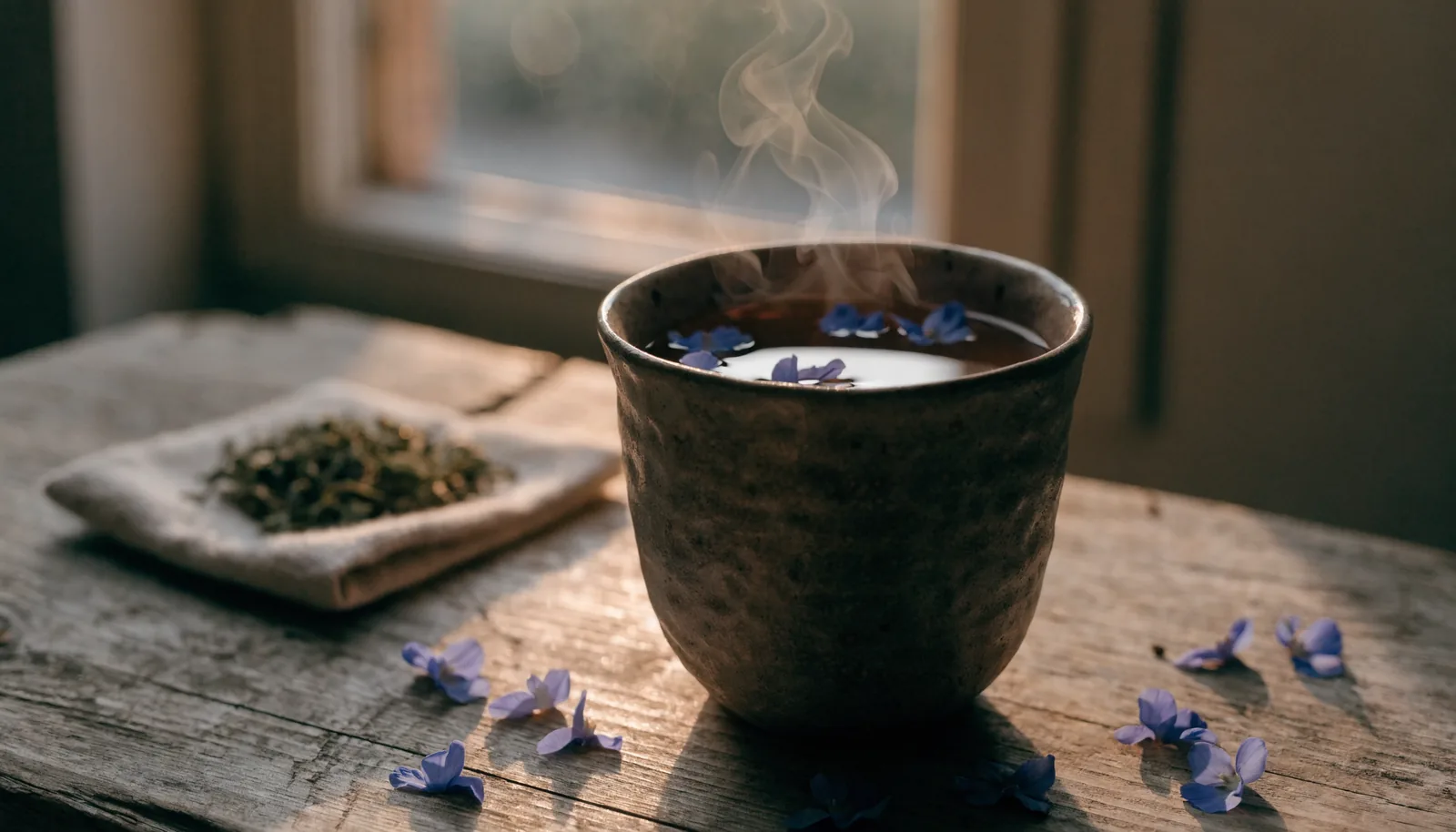 Una tazza di tisana di blue lotus con petali galleggianti accanto a un sacchetto di kanna essiccato