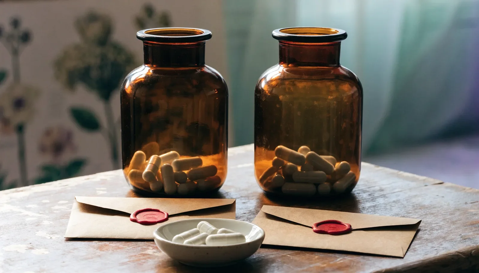 Due barattoli identici di capsule bianche e buste sigillate che illustrano cecità e controlli placebo nei trial clinici