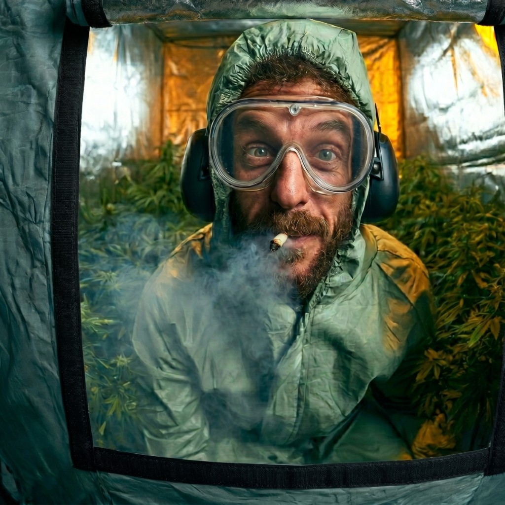 Grow tent test scene with protective gear inside an active cultivation setup.